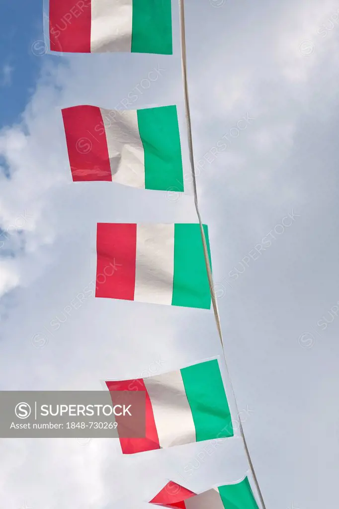 Small national flags of Italy hanging on a line, Italy, Europe
