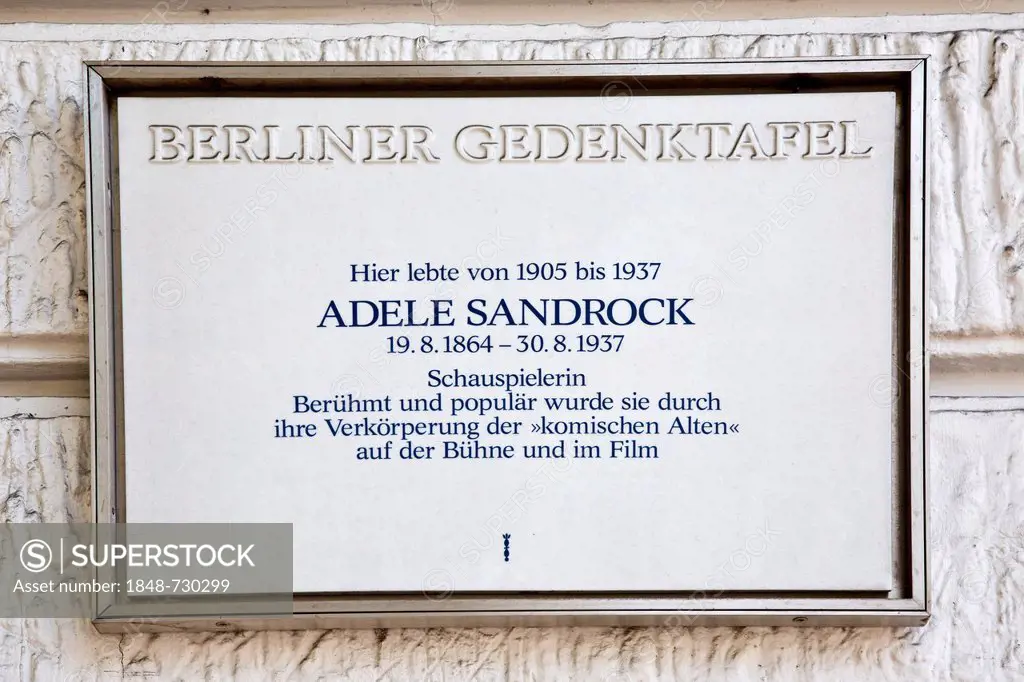 Commemorative plaque for Adele Sandrock, German actress, 1863 - 1937, Berlin, Germany, Europe