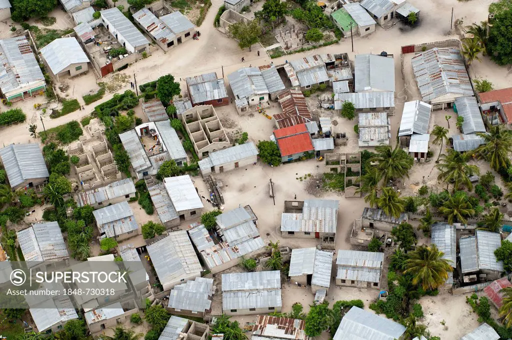 Aerial view, houses with corrugated iron roofs in a suburb of Dar es Salaam, Tanzania, Africa