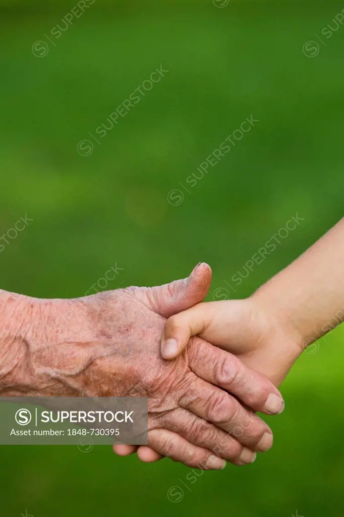 Elderly woman and a child shaking hands
