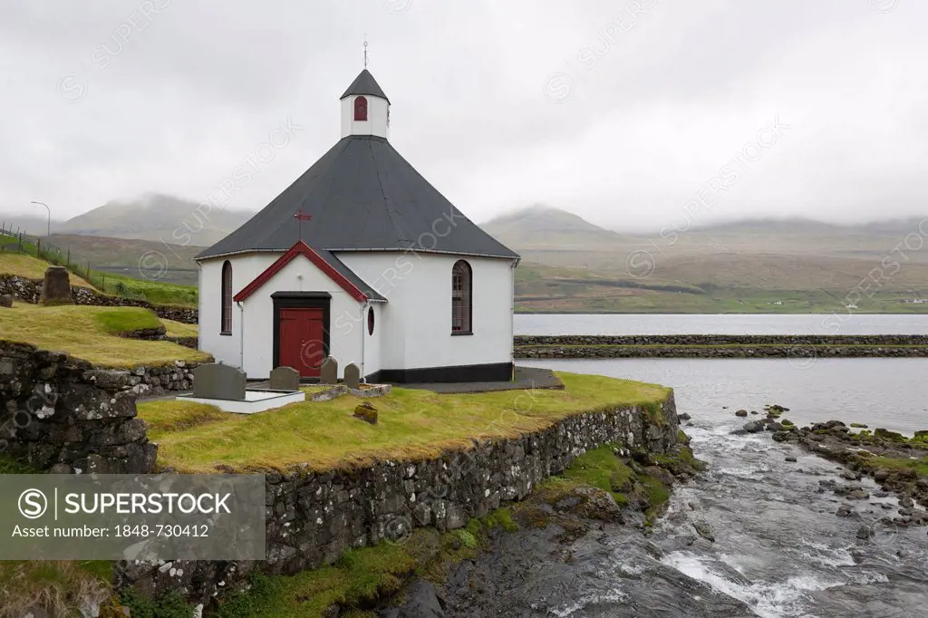 Contemporary, hexagonal church in Haldarsvík, Streymoy Island, Faroe Islands, Denmark, North Atlantic, Northern Europe, Europe