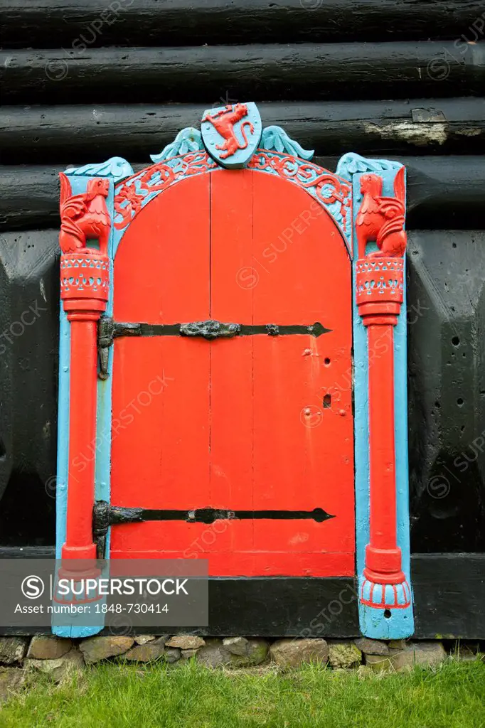 Ornamental doorway, wood carvings, Kirkjubour, Streymoy Island, Faroe Islands, Denmark, North Atlantic, Northern Europe, Europe
