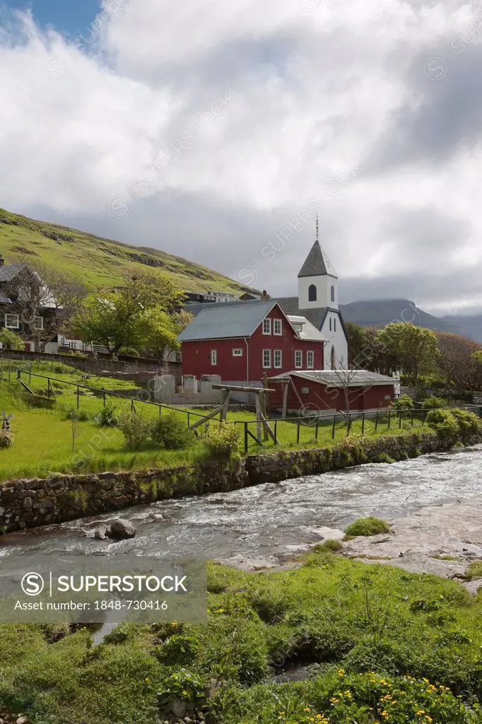 Church in the village of Kvívík, Faroe Islands, Denmark, Northern Europe, Europe