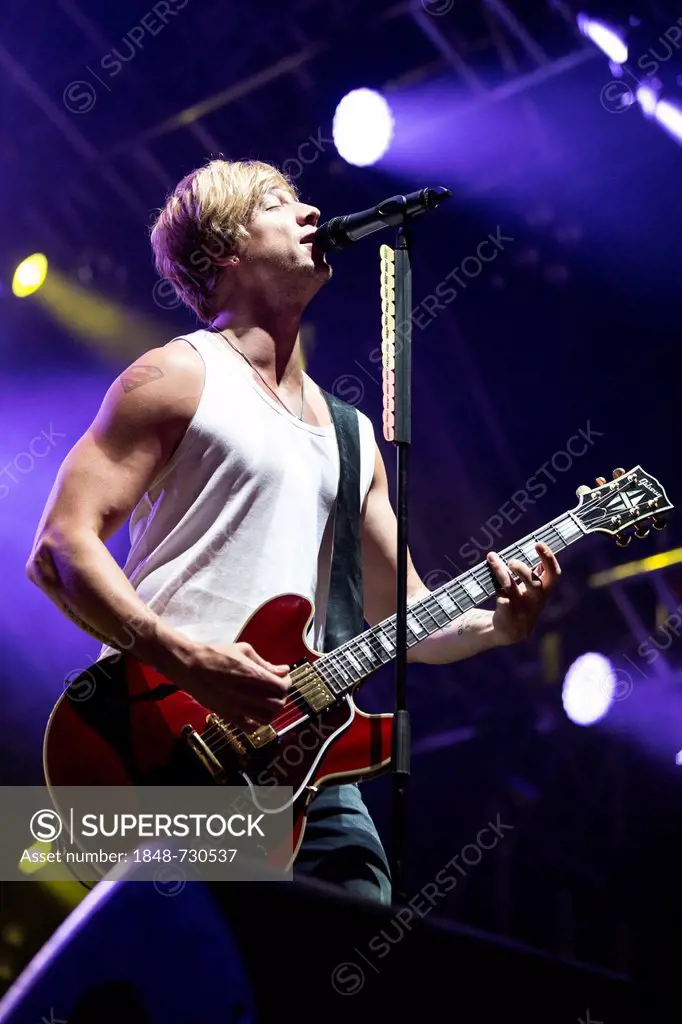 Singer and frontman Samu Haber from the Finnish pop and rock band Sunrise Avenue performing live at Heitere Open Air in Zofingen, Aargau, Switzerland,...