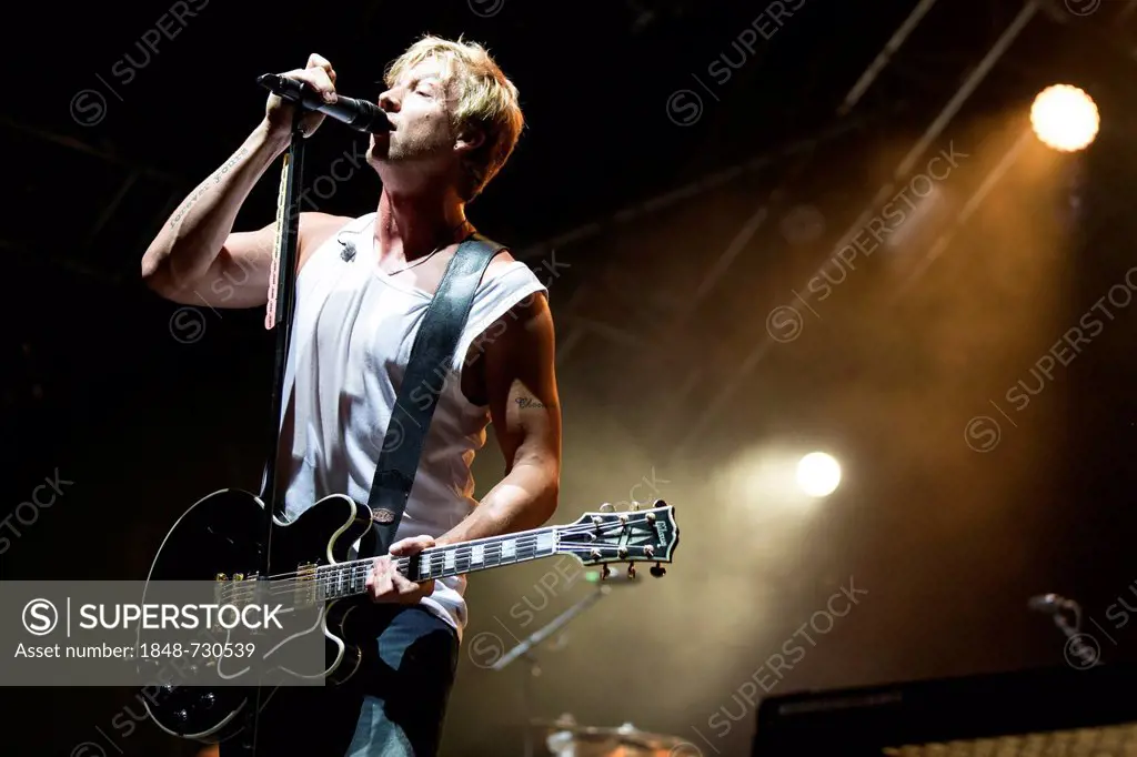 Singer and frontman Samu Haber from the Finnish pop and rock band Sunrise Avenue performing live at Heitere Open Air in Zofingen, Aargau, Switzerland,...