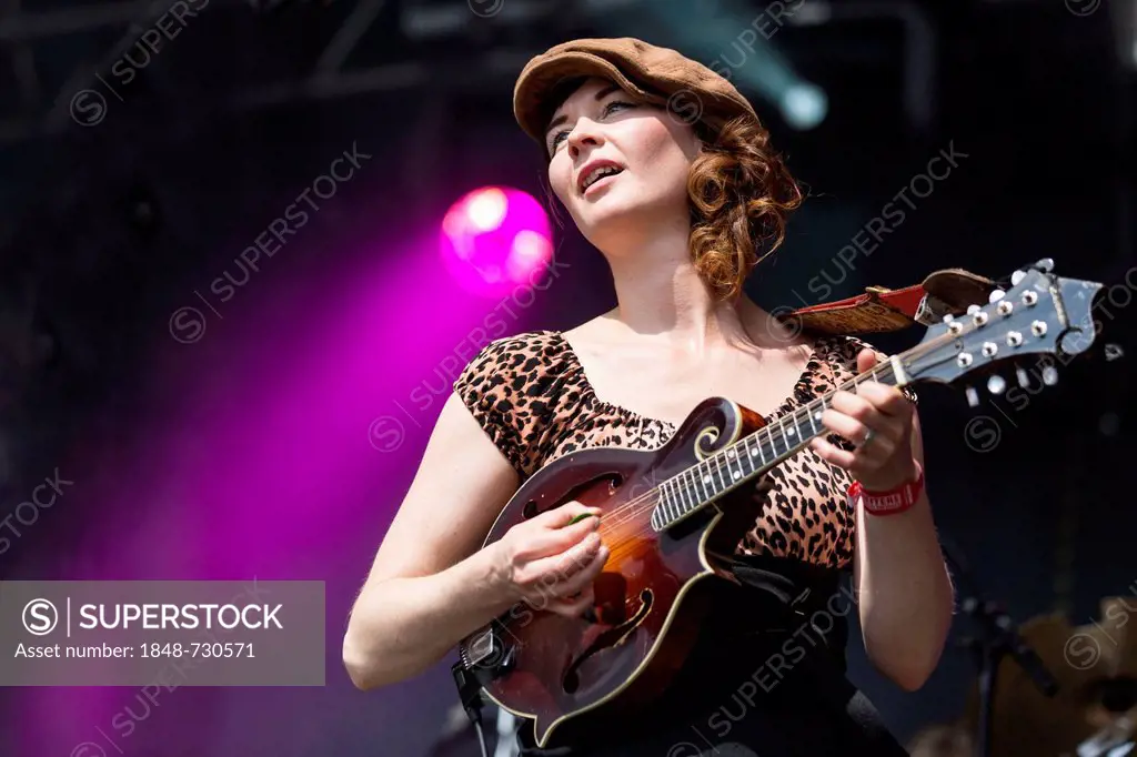Anne Marit Bergheim with a mandolin from the Norwegian girl band Katzenjammer performing live at Heitere Open Air in Zofingen, Aargau, Switzerland, Eu...