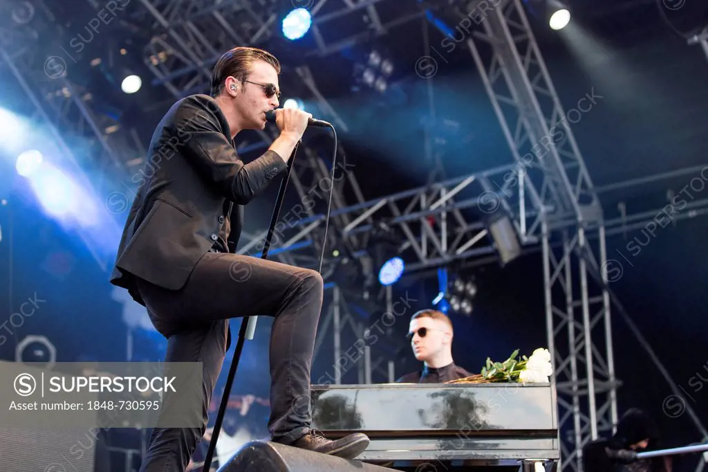 Singer Theo Hutchcraft and pianist Adam Anderson from the British synth-pop band Hurts performing live at Heitere Open Air in Zofingen, Aargau, Switze...