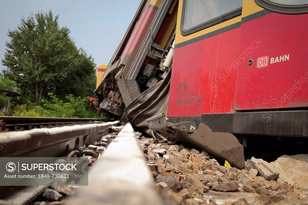 Derailed train, train crash probably due to a switch failure, Berlin Tegel, Germany, Europe