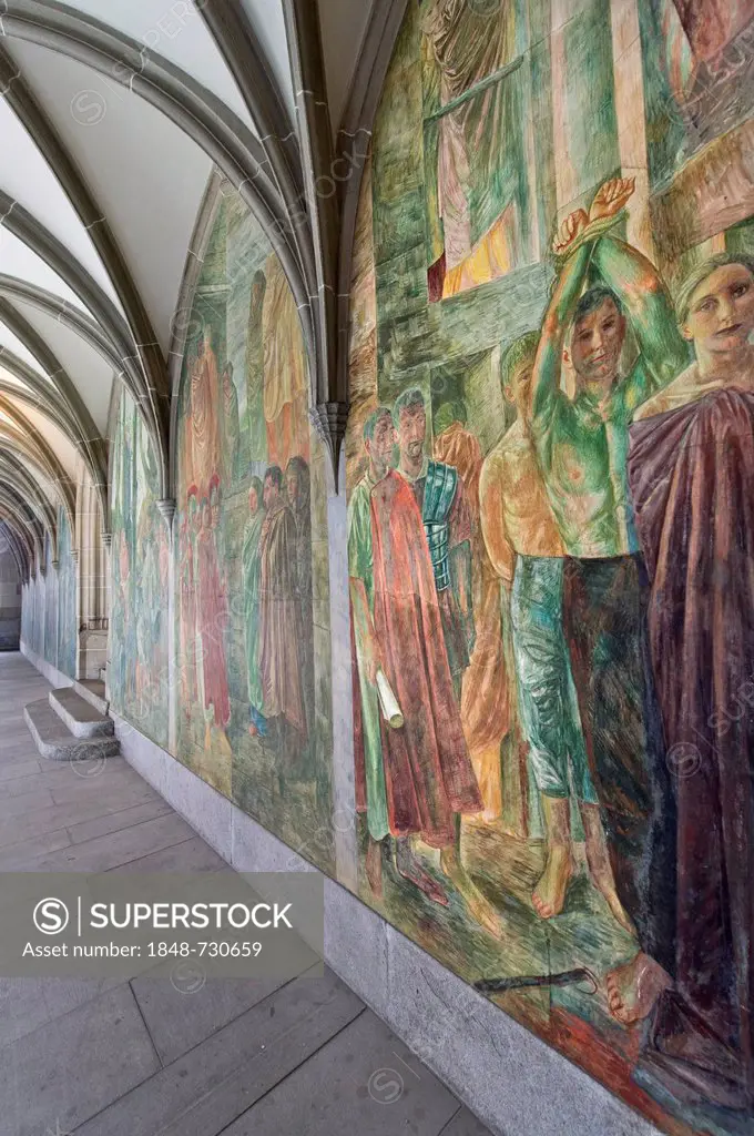 Frescoes by Paul Bodmer in the cloister of Fraumuenster abbey, images on a legend about the founding of Fraumuenster abbey, Zurich, Switzerland, Europ...