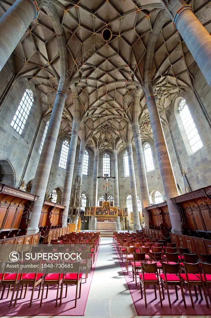 Interior view of the Church of St. Michael, a Protestant parish church, high altar, Schwaebisch Hall, Hohenlohe region, Baden-Wuerttemberg, Germany, E...