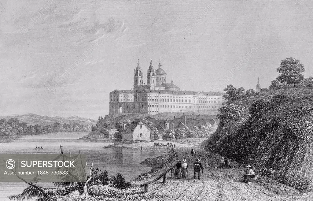 Melk Abbey or Moelk Abbey on the Danube river, Wachau valley, Lower Austria, Austria, historic illustration, around 1850