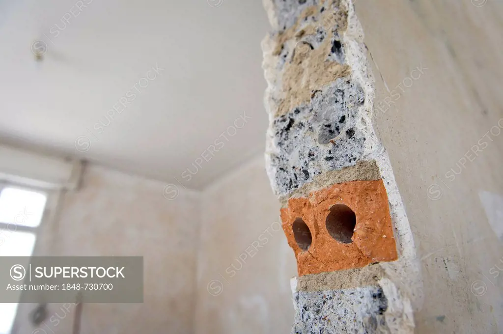 Cross-section through a plastered wall with brick, wall opening in an old building in need of renovation, Stuttgart, Baden-Wuerttemberg, Germany, Euro...