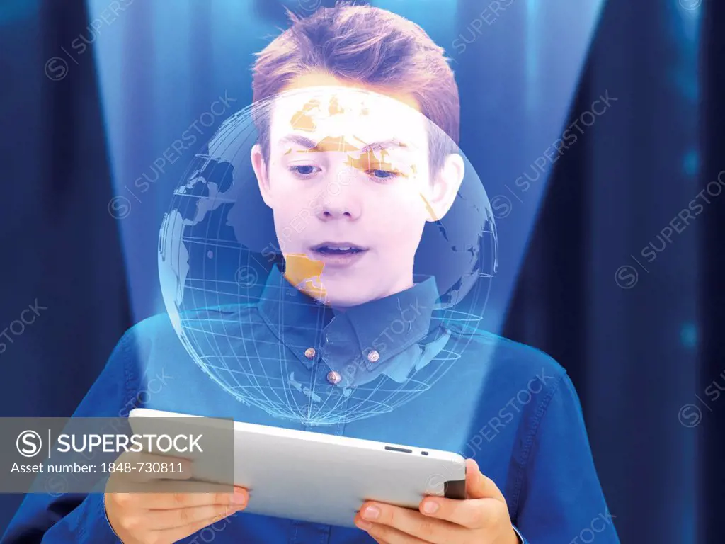 Portrait, schoolboy, teenager looking surprised at an iPad with a hologram of a globe, futuristic
