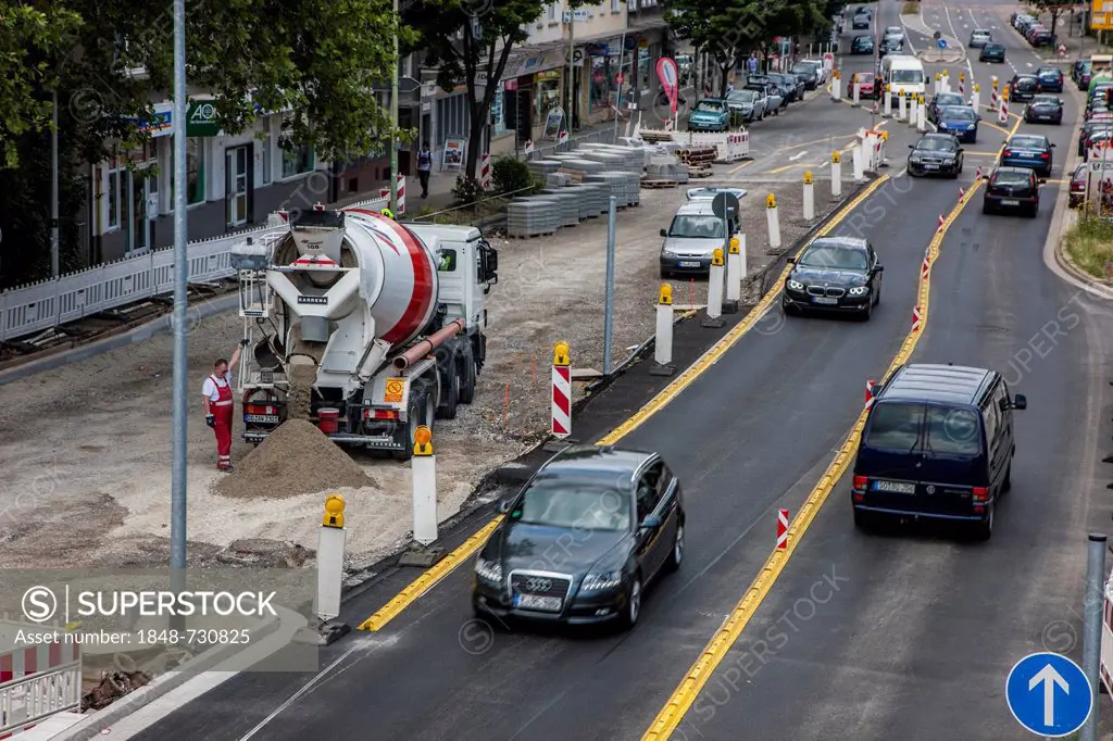 Inner-city road construction, expansion of a road, in the university district of Essen, North Rhine-Westphalia, Germany, Europe