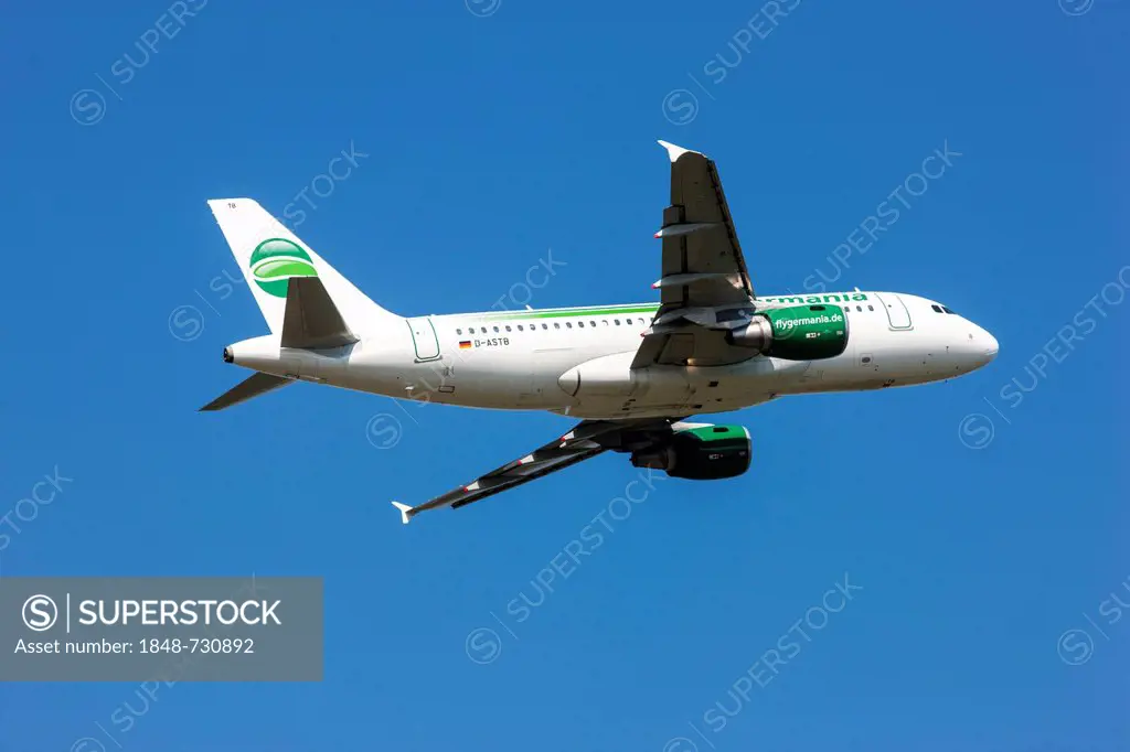 Germania, A319-112, after taking off from Duesseldorf Airport, North Rhine-Westphalia, Germany, Europe