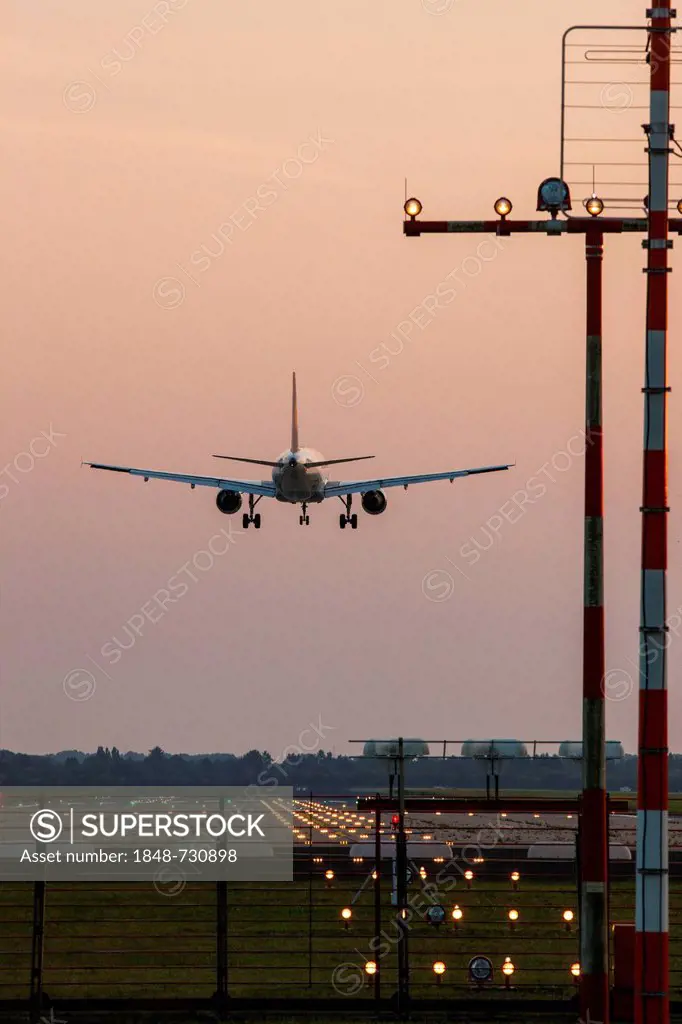 Lufthansa Airbus landing at Duesseldorf International Airport, Duesseldorf, North Rhine-Westphalia, Germany, Europe
