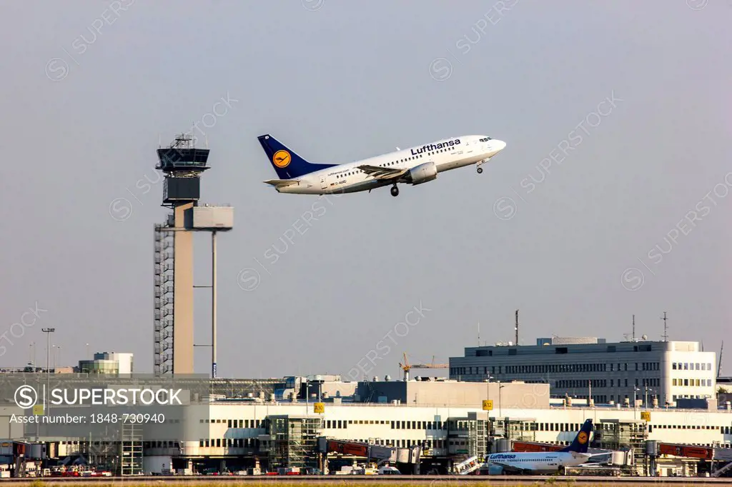 Lufthansa Boeing 737 taking off at Duesseldorf International Airport, Air Traffic Control Tower, Duesseldorf, North Rhine-Westphalia, Germany, Europe