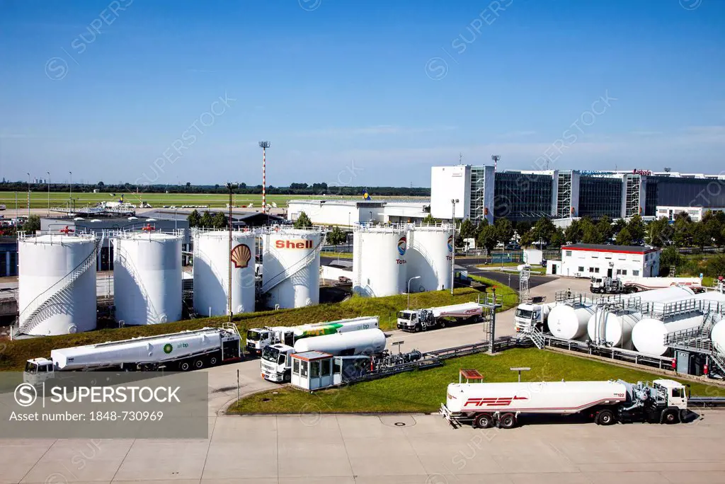 Aviation fuel tank farm, filling station for tank trucks, Duesseldorf International Airport, Duesseldorf, North Rhine-Westphalia, Germany, Europe