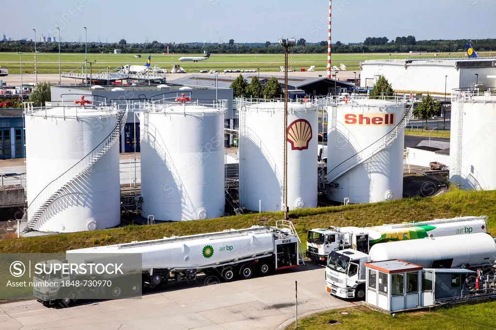 Aviation fuel tank farm, filling station for tank trucks, Duesseldorf International Airport, Duesseldorf, North Rhine-Westphalia, Germany, Europe