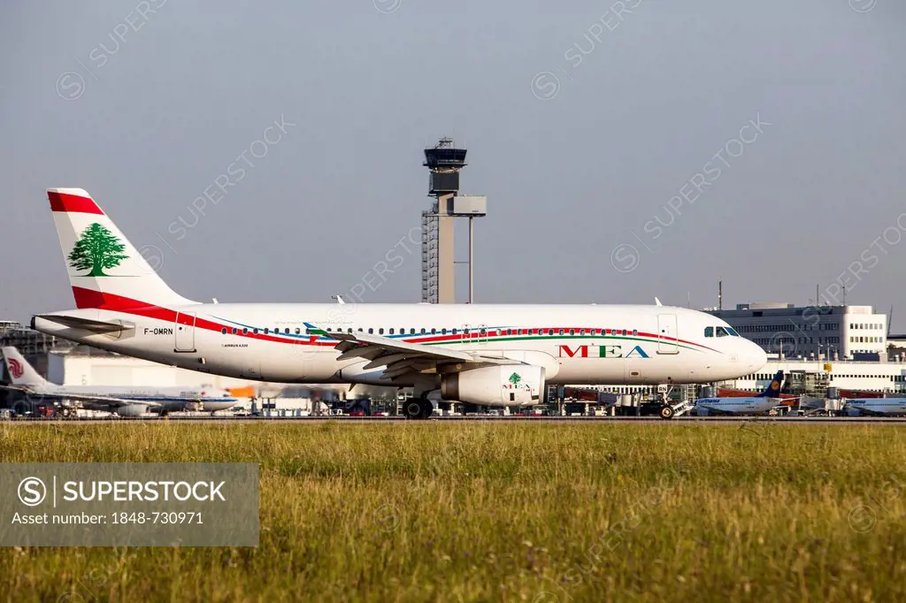 MEA, a Middle East Airlines Airbus A320-232 after landing at Duesseldorf International Airport, Duesseldorf, North Rhine-Westphalia, Germany, Europe