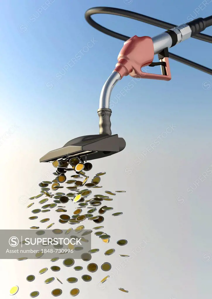 Pump nozzle sucking up coins, 3D illustration