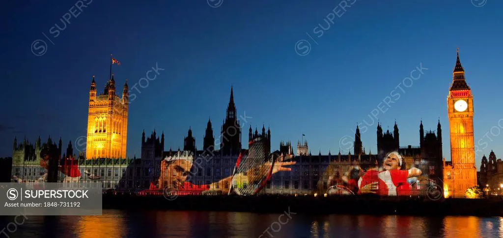 A giant image of Swiss Tennis player Roger Federer is projected onto the facade of the Houses of Parliament for the Olympic and Paralympic Games 2012,...