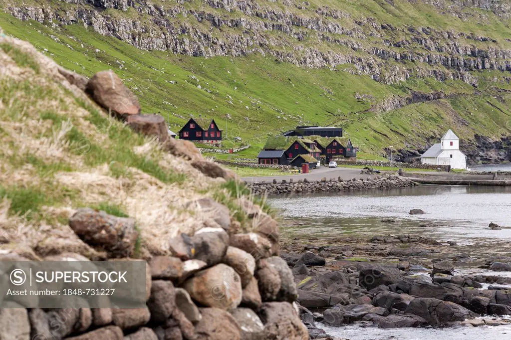 New church by the sea, Kirkjubour, Streymoy Island, Faroe Islands, Denmark, North Atlantic, Northern Europe, Europe