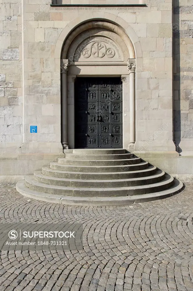 Stairs, Zwingliportal door, Grossmuenster church, an Evangelical Protestant church, Zurich, Switzerland, Europe