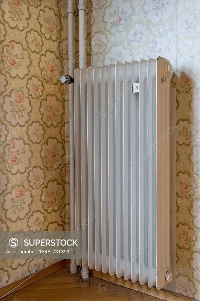 Radiator and wall-mounted heating pipes in front of wallpaper from the sixties, Stuttgart, Baden-Wuerttemberg, Germany, Europe