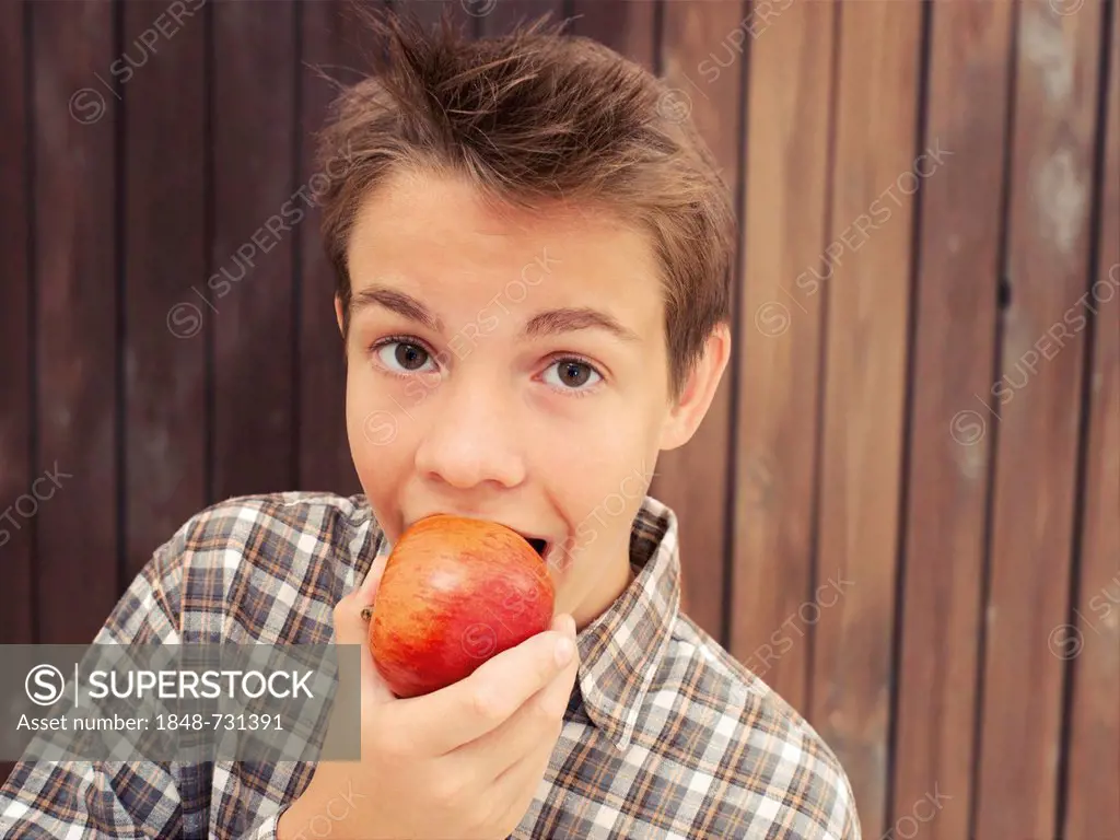 Portrait, boy, teenager biting an apple