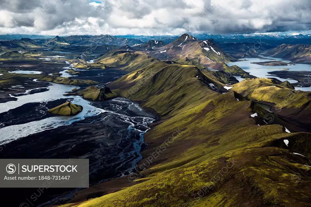 Aerial view, Lake Langisjór, moss-covered mountains, Skaftá River, Icelandic Highlands, Iceland, Europe