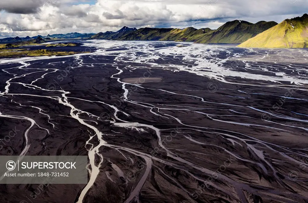 Aerial view, moss-covered mountains and the black sand of Mælifellssandur Desert, Icelandic Highlands, Iceland, Europe