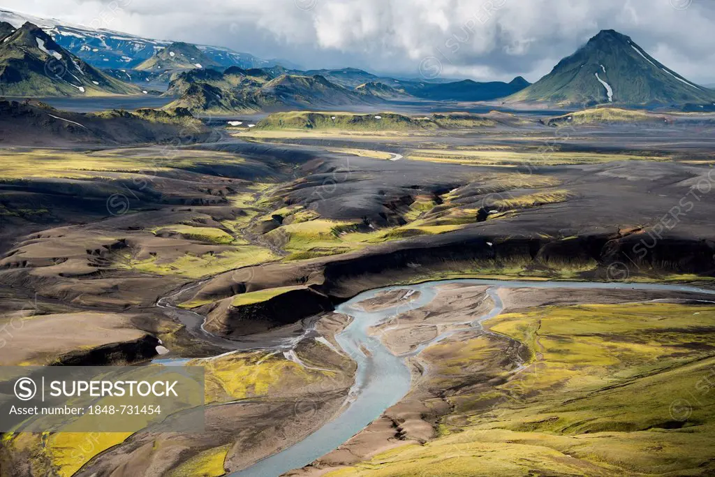 Aerial view, moss-covered mountains and a river, Icelandic Highlands, Iceland, Europe