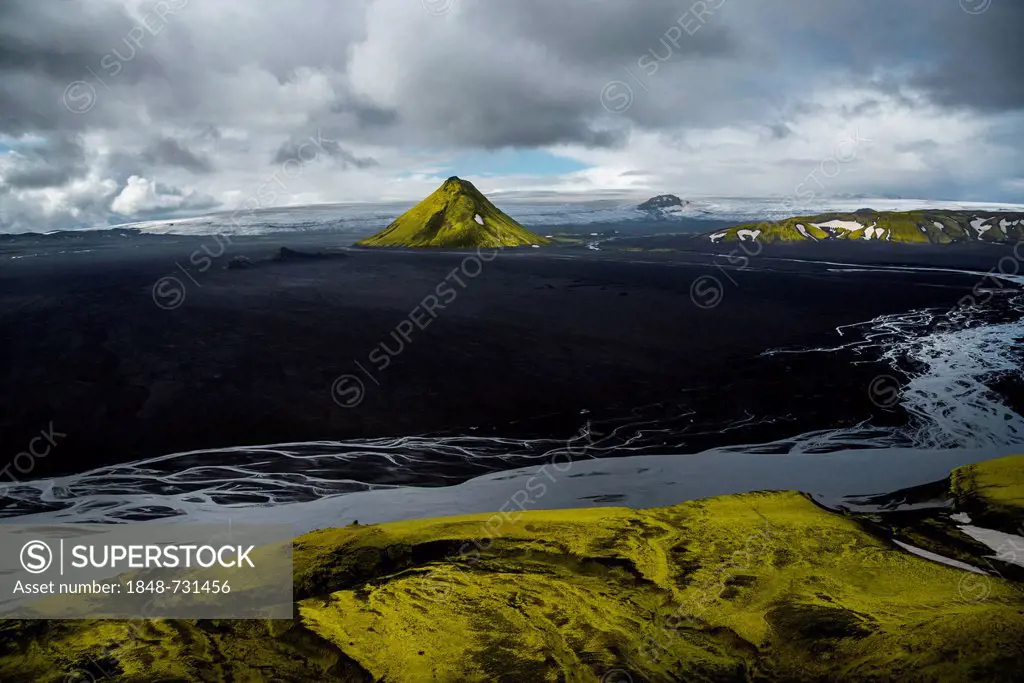Aerial view, moss-covered Mælifell Mountain, black sand of Mælifellssandur Desert, Icelandic Highlands, Iceland, Europe