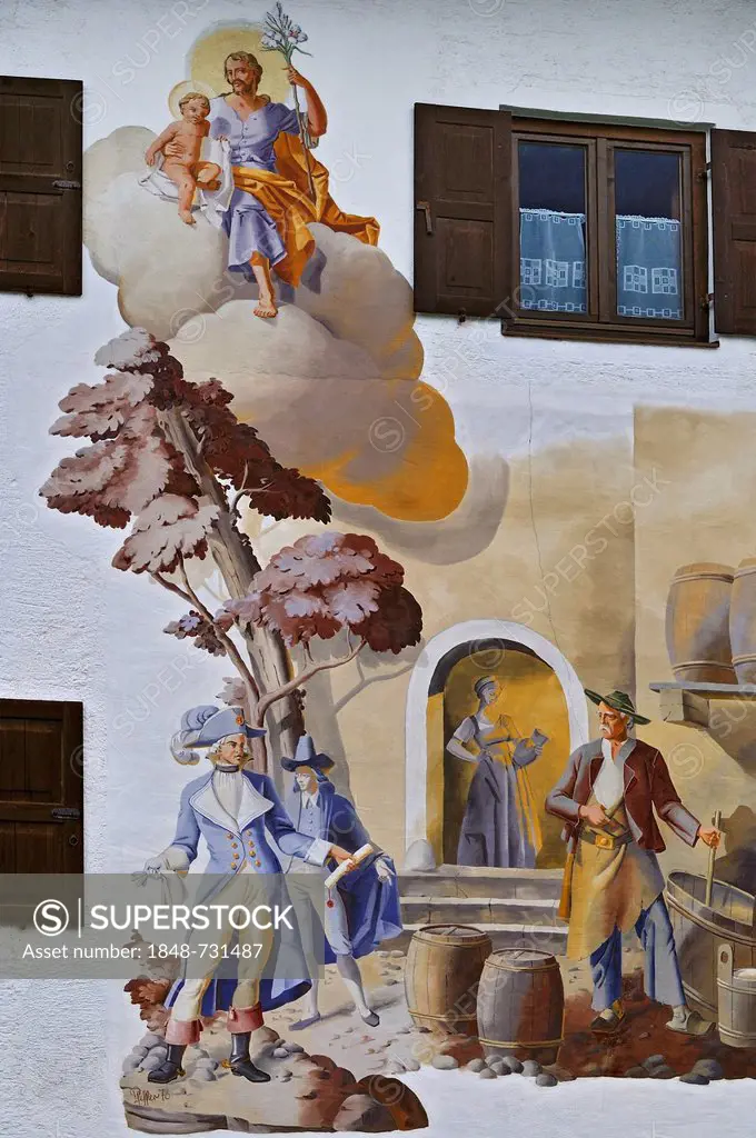 A traditional mural painting known as Lueftlmalerei by Pfeffer, 1978, Garmisch-Partenkirchen, Bavaria, Germany, Europe