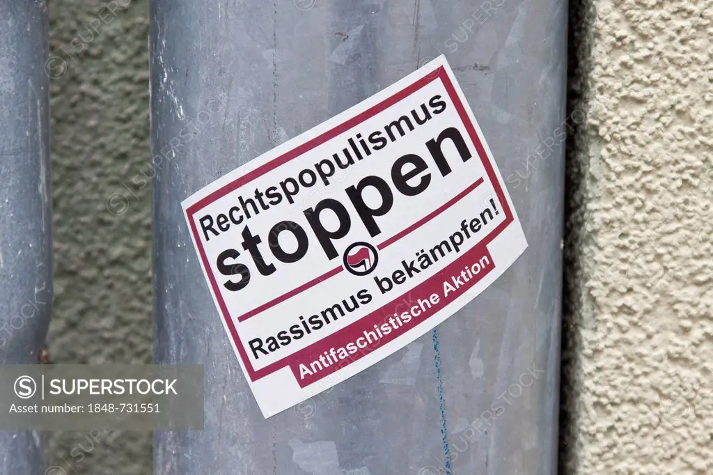Sticker Rechtspopulismus stoppen, Rassismus bekaempfen! Antifaschistische Aktion, German for stop right-wing populism, fight racism, Antifaschistische...