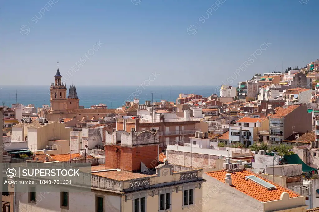 View over the village with Església de Santa Maria church, Arenys de Mar, Comarca Maresme, Costa del Maresme, Catalonia, Spain, Europe, PublicGround