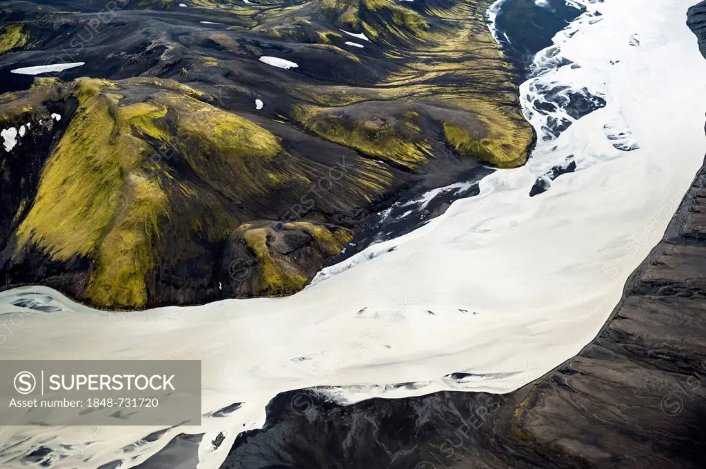 Aerial view, glacial river of Skaftá, moss-covered mountains, Langisjór region, Icelandic Highlands, Iceland, Europe