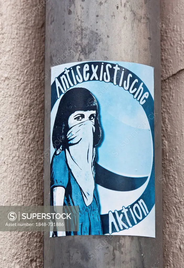 Sticker Antisexistische Aktion, German for anti-sexist action, girl with a bandana around her face, Oranienburg, Brandenburg, Germany, Europe