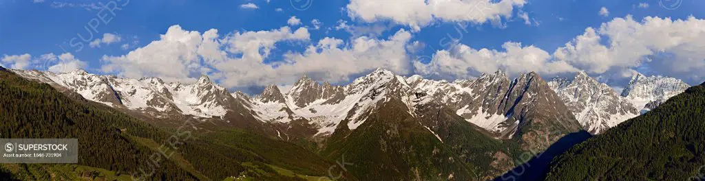 Kaunergrat ridge from Mt Kaunerberg, Schnadingen, left to right, mountains Hinterer Stupfarri, Peischl Kopf, Wallfahrtskopf, Grosser Dristkogel, Gsall...