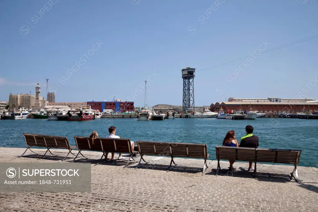Benches on the harbour shore, Port Vell, Barcelona, Catalonia, Spain, Europe, PublicGround