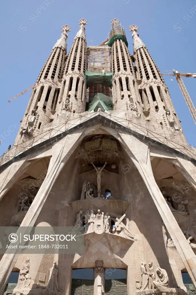 Passion Portal at the church of La Sagrada Familia by Antoni Gaudi, Barcelona, Catalonia, Spain, Europe, PublicGround