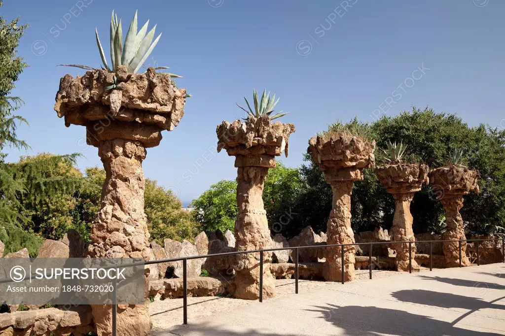 Columns in Parc Gueell by Antoni Gaudi, UNESCO World Heritage Site, Barcelona, Catalonia, Spain, Europe