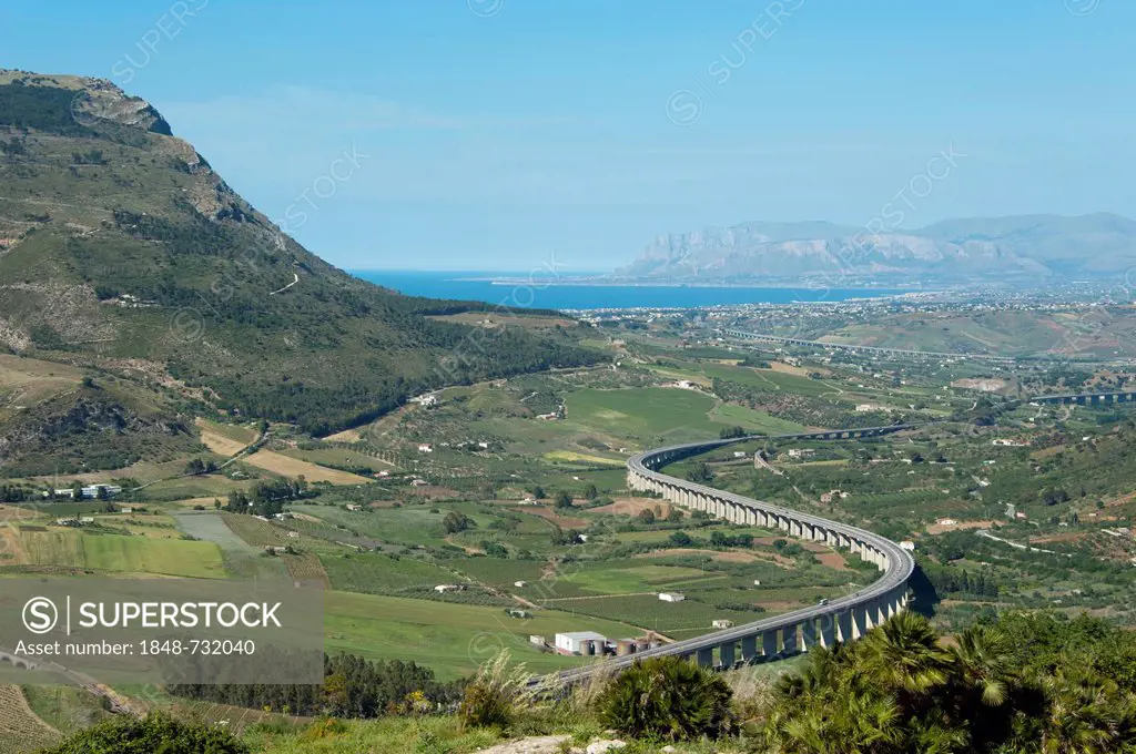 View from Segesta towards Castellammare del Golfo, Province of Trapani, Sicily, Italy, Europe