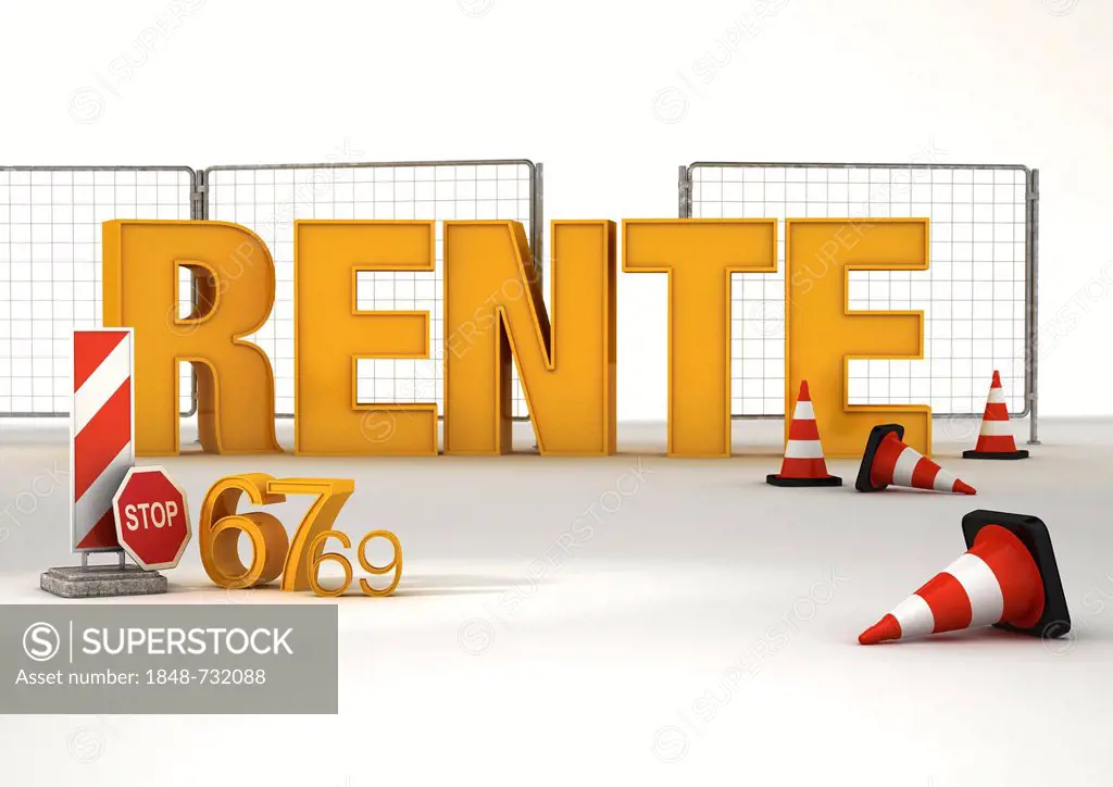 Building site, Rente, German for pensions, 3D illustration