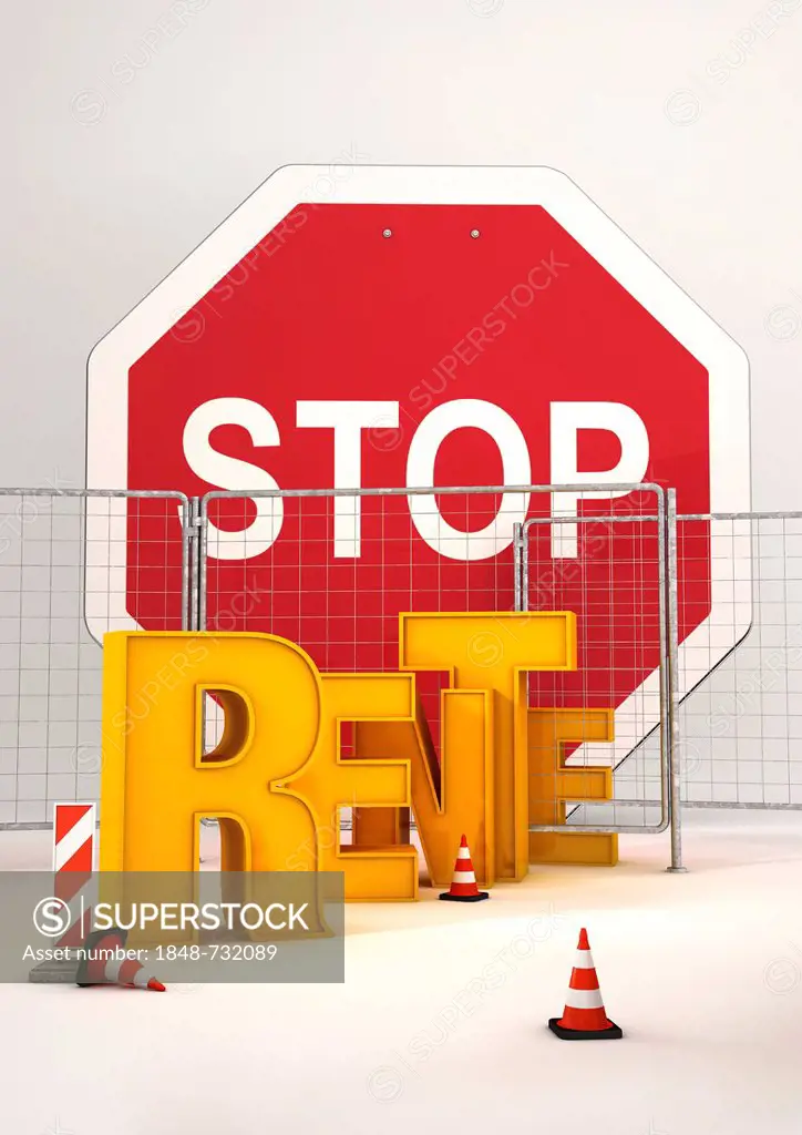 Stop sign, building site, Rente, German for pensions, 3D illustration