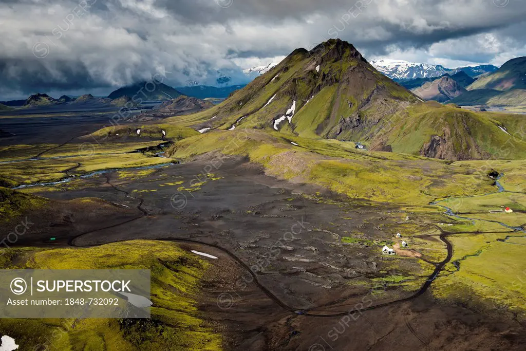 Aerial view, moss-covered Brattháls Mountain, Hvanngil hiking hut, Icelandic Highlands, Iceland, Europe