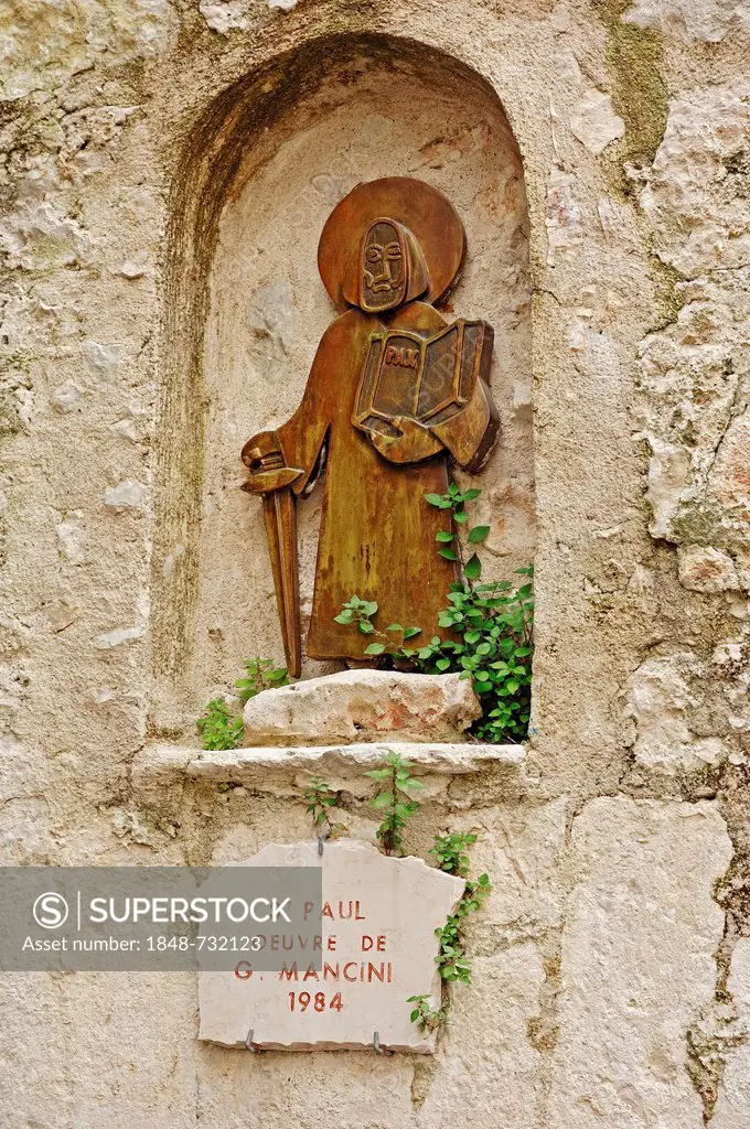 Sculpture of St. Paul, by G. Mancini, Saint-Paul de Vence, Alpes-Maritimes department, Provence-Alpes-Cote d'Azur, Southern France, France, Europe, Pu...