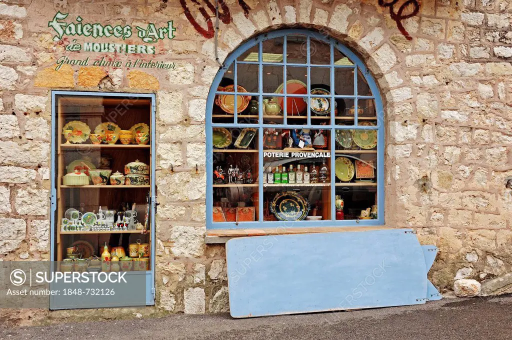 Windows of a pottery shop, Gourdon, Alpes-Maritimes, Provence-Alpes-Cote d'Azur, Southern France, France, Europe, PublicGround