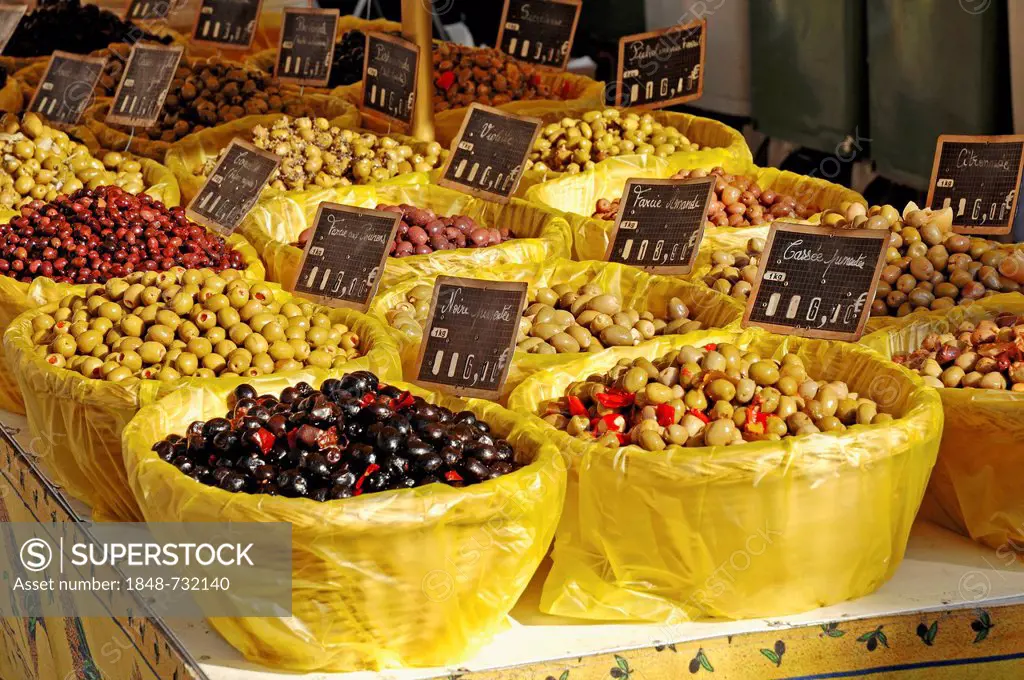Market stall selling olives, Sault, Vaucluse, Provence-Alpes-Cote d'Azur, Southern France, France, PublicGround